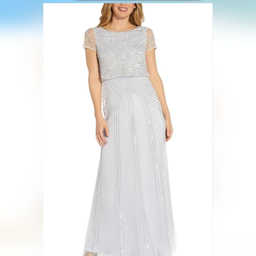 NWT Adrianna Papell Beaded Blouson Long Dress Serenity 14 Evening Gown Gray